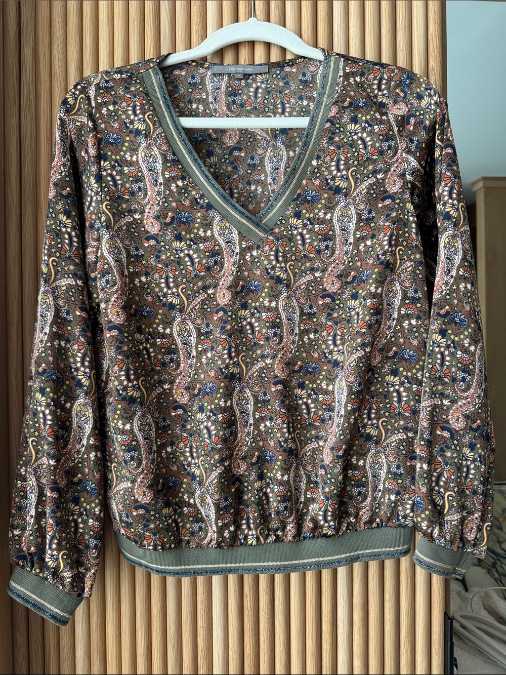 Paisley V-Neck Blouse in Olive Multi